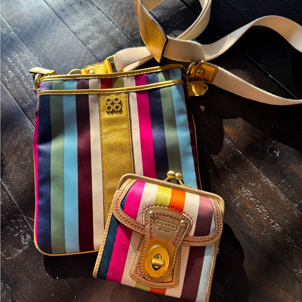 Vintage Coach Julia Legacy Striped CrossbodyBag & Coach Kisslock Wallet